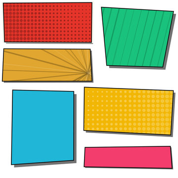 Colorful geometric shapes and rectangles with halftone patterns and hand drawn outlines for graphic design isolated on transparent background