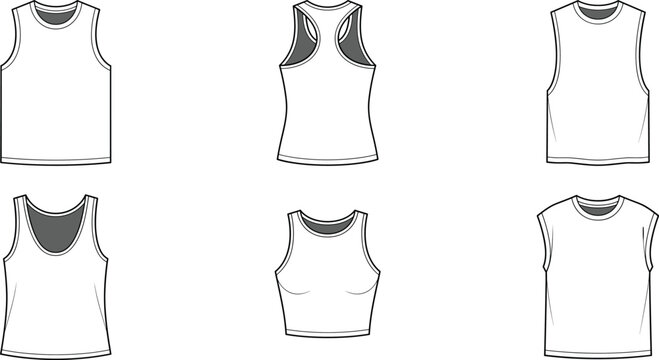 Minimalist flat vector set of diverse sleeveless tank tops crop tops and muscle shirts for modern fashion apparel design templates