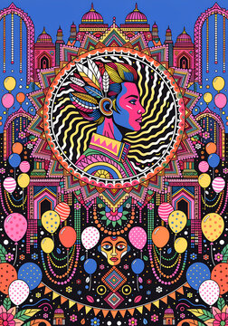 Vibrant maximalist art poster, Indian pop-art fusion with modern digital illustration, highly detailed poster design. In the upper center, a circular halo emblem featuring a stylized side profile