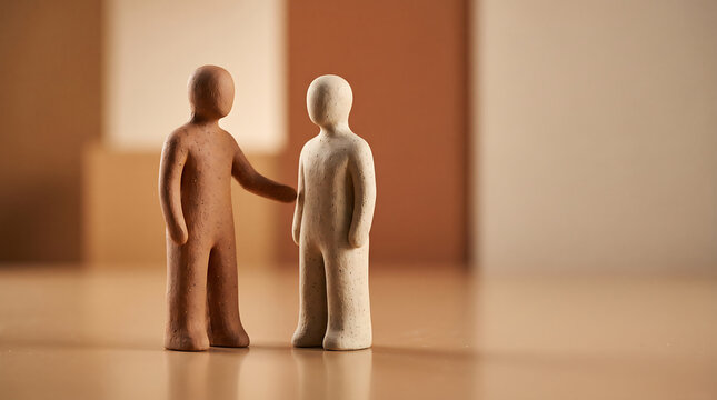 Two clay figures consulting in office concept representing partnership, communication, teamwork and counseling support