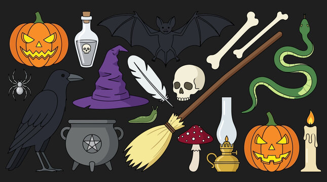 Halloween Witchcraft and Occult Icons Set with Pumpkin Skull and Bat