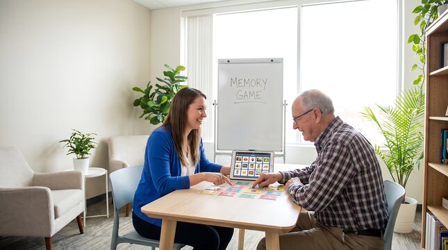 Cognitive therapist conducting interactive memory evaluation game with smiling senior man in modern room. Bright welcoming atmosphere. Professional image for speech rehab.