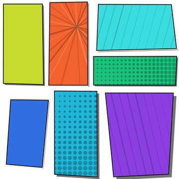 Colorful comic book page layout template with various rectangular frames and halftone patterns in pop art style isolated on transparent background