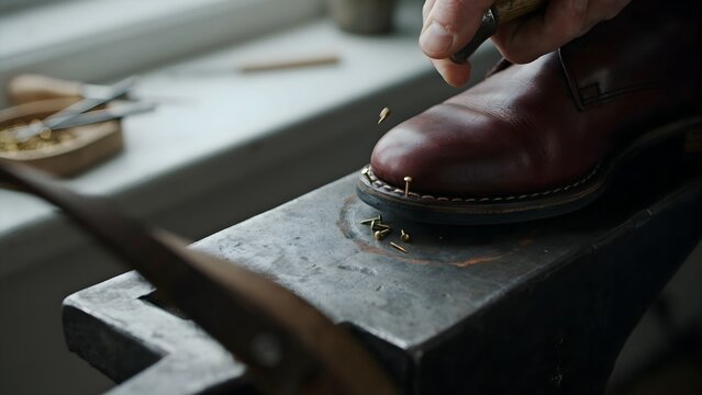 Craftsmanship in Action: Shoemaker Working on Leather Boot Repair