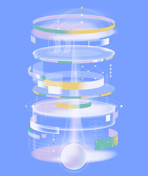 stacked digital rings with glowing sphere &ndash; concept of data processing