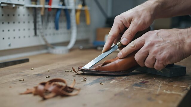 Craftsmanship in Shoe Making with Hands Cutting Leather Material