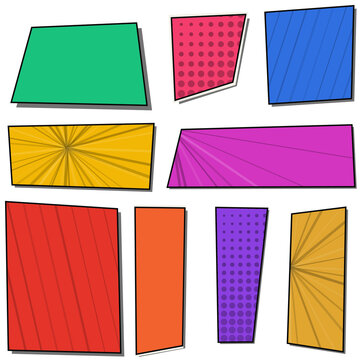 Set of colorful hand drawn comic book speech bubble boxes with various patterns and bright pop art colors isolated on transparent background