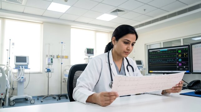 Cardiologist holding and examining printed paper ECG heart rhythm chart in cardiac care unit. Bright hospital background. Professional photo for cardiology.