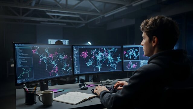 Data Analyst Working with Multiple Screens in a Modern Office Space