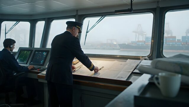 Captain and Officer Navigating Ship in Foggy Port Environment