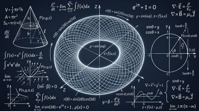 Advanced Mathematical Formulas and Geometric Shapes Illustration for Science and Education Background