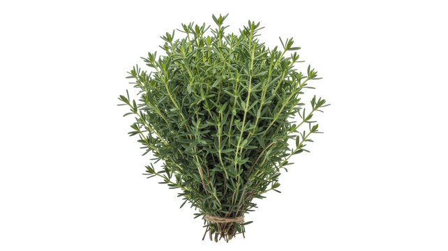 A fresh bunch of green thyme herb tied with a simple string, isolated on a white background, showing detailed leaves and thin woody stems