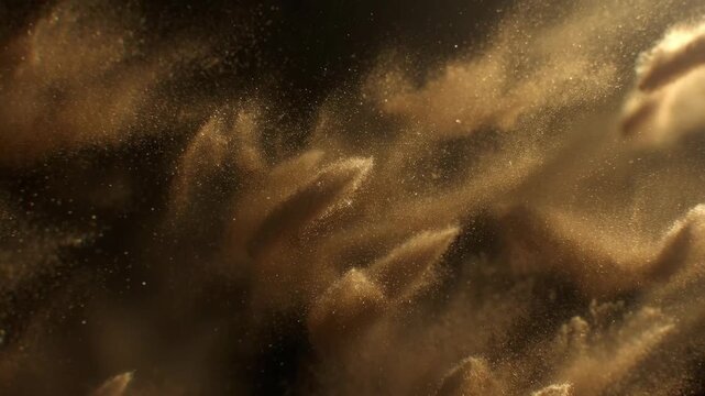 Golden dust clouds swirling in abstract style on dark background, concept of mystery and elegance and refinement