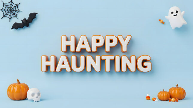 A delightful halloween scene featuring pumpkins a friendly ghost and a playful bat wishing everyone a happy haunting