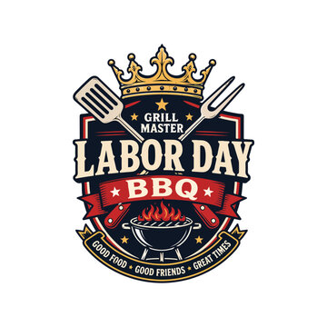 Labor Day BBQ Emblems - Grill Master Badge with Crossed Spatula and Fork - Vintage Retro Design