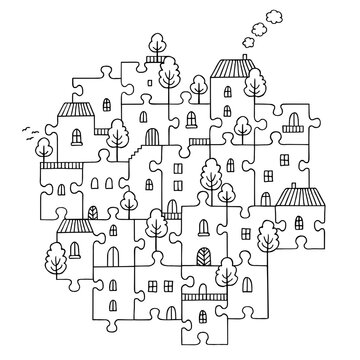 Jigsaw Puzzle Houses &ndash; Connected Community Conceptual Illustration