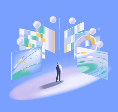 person surrounded by digital data panels &ndash; concept of virtual world