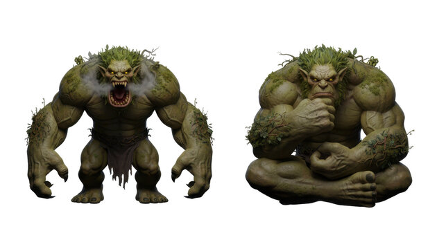 Two Fantasy Forest Trolls in Aggressive and Contemplative Poses