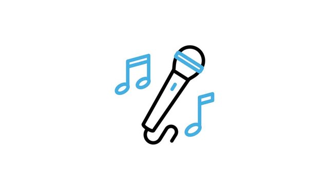 Animated mic or microphone icon with notes melody for singing, karaoke, sound voice recording, podcast audio, broadcast. Motion graphics with alpha channel