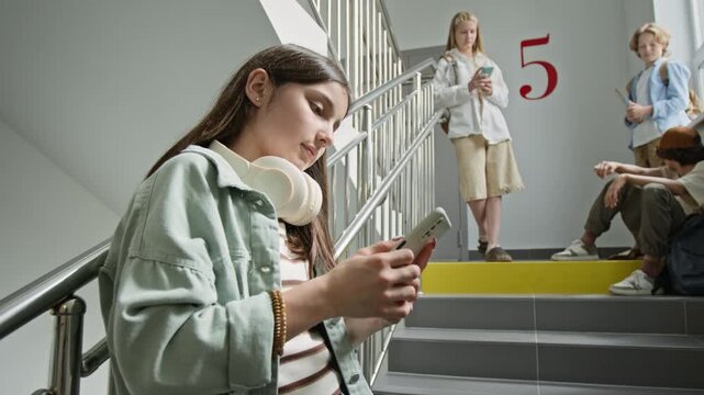 Caucasian teenage girl standing on school staircase, using smartphone during break with zoom in. Footage perfect for marketing campaigns promoting educational apps or digital wellness