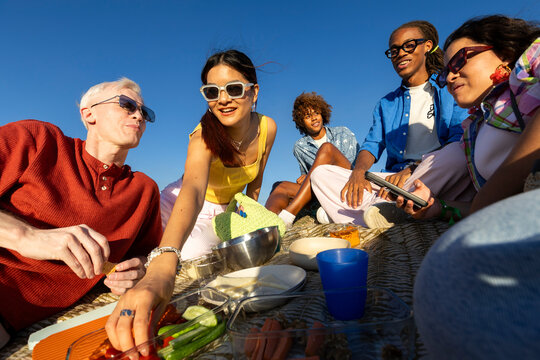 Friends having outdoor picnic over blue sky