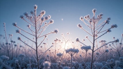 Obraz premium Frost-covered wild plants in a snowy field at sunrise