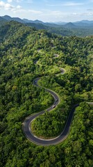 Fototapeta premium Scenic winding road through lush green forest landscape with distant mountains.