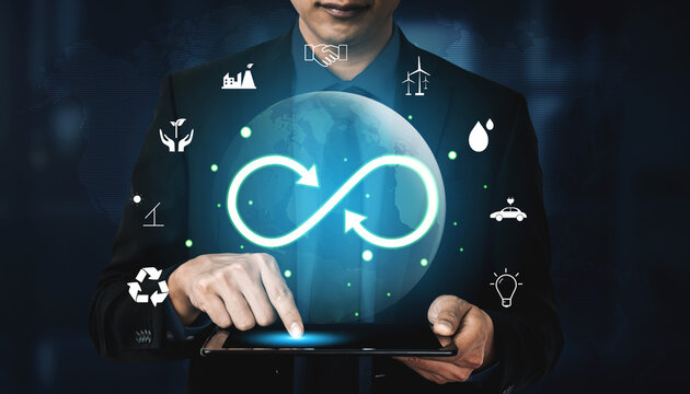 The concept of a circular economy for sustainable production and consumption. A global model of recycling, reusing, and renewable energy for the future. Motif