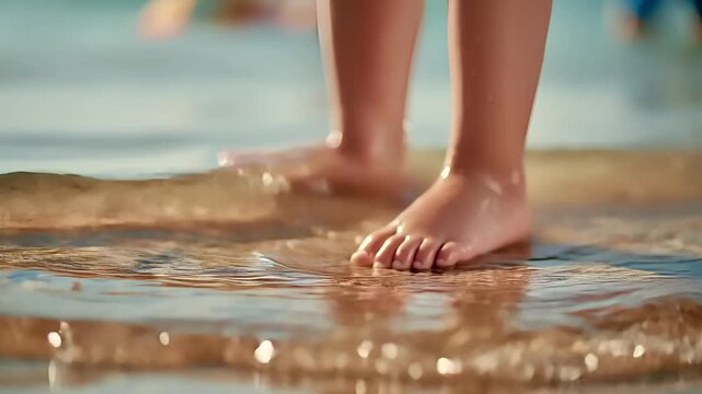 Summer hot vibe lifestyle. A closeup shot of a persons bare feet standing in shallow water at a beach. The persons skin glistens with water droplets, and their toes are submerged in the water.