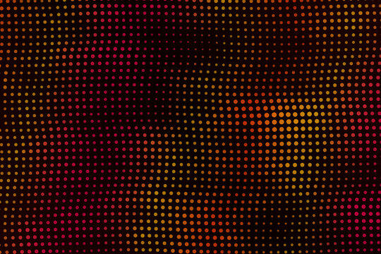 Dark red and orange halftone dotted abstract background texture with glowing square pixel matrix pattern design element