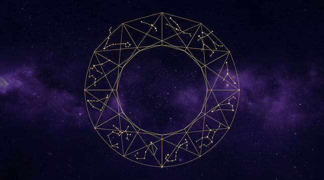 Golden Zodiac Wheel and Constellations Geometric Circle on Purple Galaxy Space Background