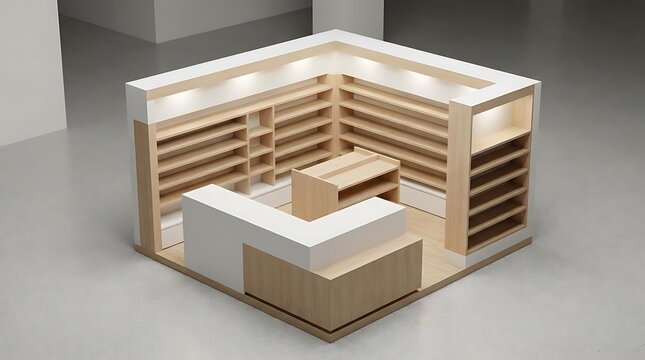 Modern shop interior design and agencement magasin concept featuring minimal wooden shelving units and white retail counters for professional store layout