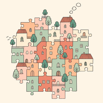 Jigsaw Puzzle Houses &ndash; Connected Community Conceptual Illustration
