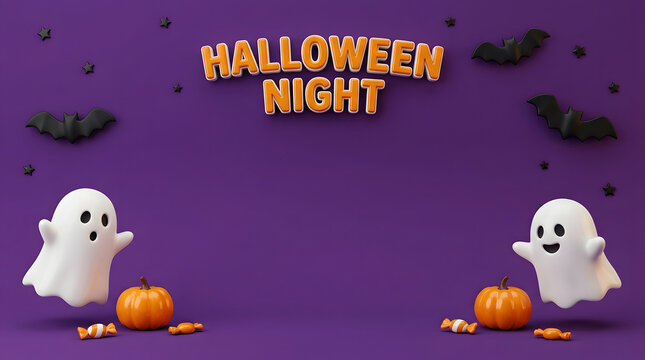 A spooky and delightful halloween night scene with ghosts pumpkins and a festive purple background