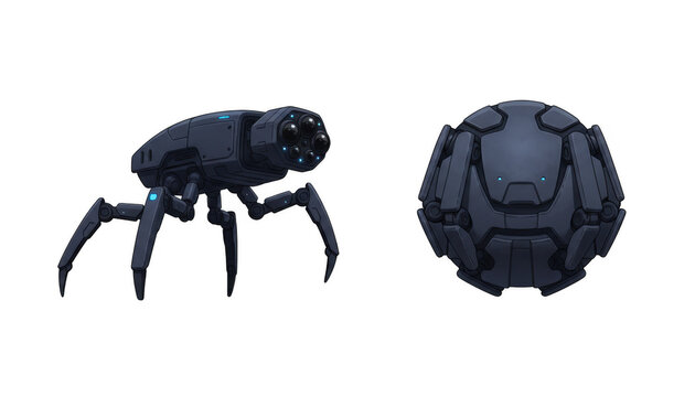 Futuristic Mechanical Spider Robot and Transforming Sphere Drone