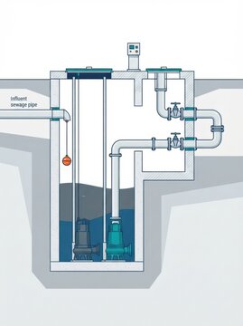 The image shows a diagram of a stormwater drainage system featuring a pumping station, influent sewage pipe, and underground pipeline layout.
