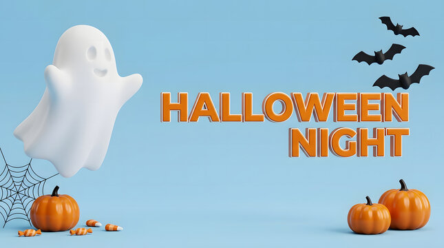 A delightful halloween scene featuring a friendly ghost pumpkins bats and a festive 'halloween' banner