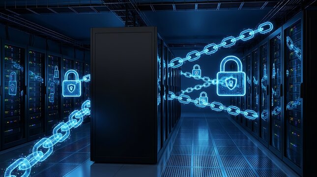 Digital glowing blockchain lock icons and chains across server rack room interior illuminate cybersecurity infrastructure, encrypted storage, and data defense.