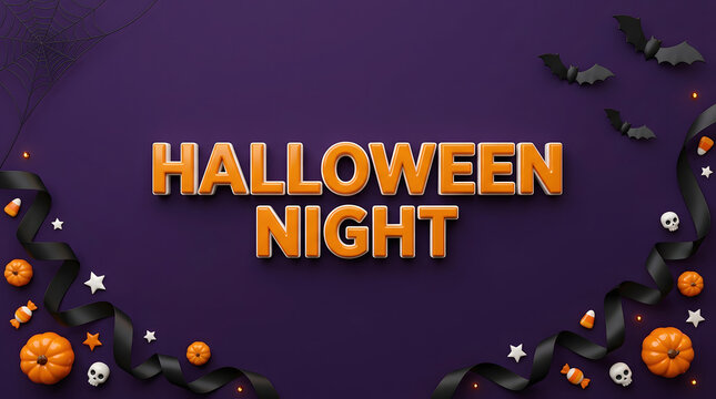 A spooky and delightful halloween night scene with pumpkins bats and a dark purple background