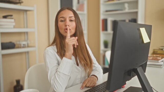 Woman in white blouse seated at computer keyboard makes finger to lips gesture at a desk inside a home office building; silence.