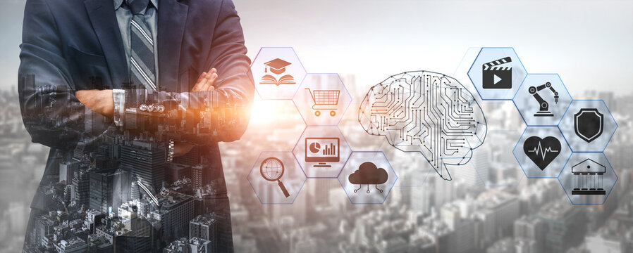 Business Professional with Futuristic Technology Icons Over Cityscape Representing Digital Transformation and Innovation in Modern Enterprises Quark.