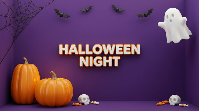 A spooky halloween night scene with pumpkins ghosts and bats a festive celebration