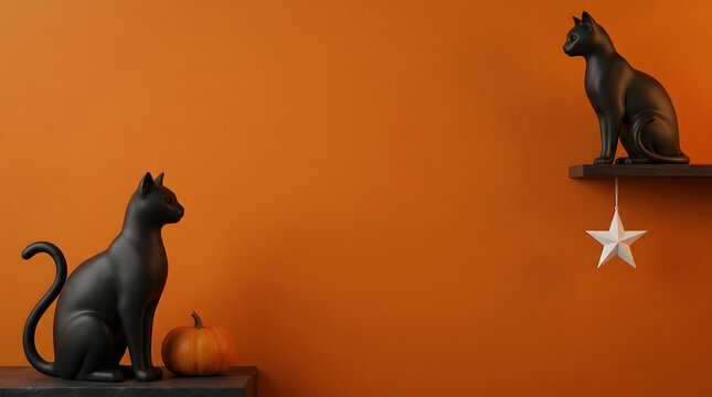 A spooky halloween scene featuring two black cats and a shining star on an orange background