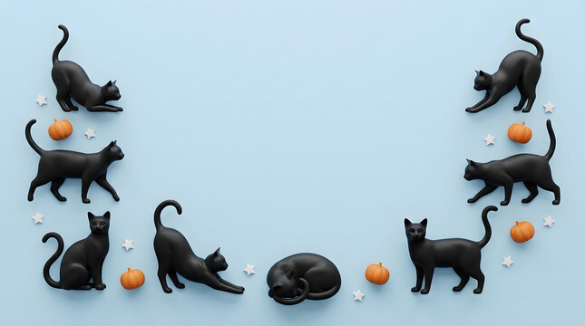 A spooky halloween scene featuring miniature black cats and small pumpkins on a light blue background