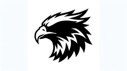 Fototapeta premium Minimalist black and white raptor head profile graphic emblem for modern brand identity design concepts with geometric feathers isolated against white background