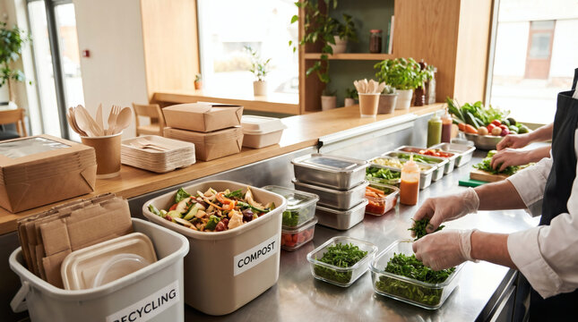 chef organizing kitchen waste for compost and recycling with eco friendly packaging and fresh ingredients in sustainable zero waste restaurant