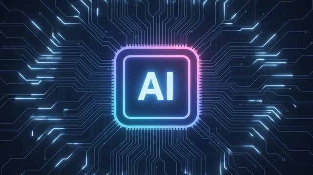 Neon AI logo chip with circuit lines glowing dark background animation