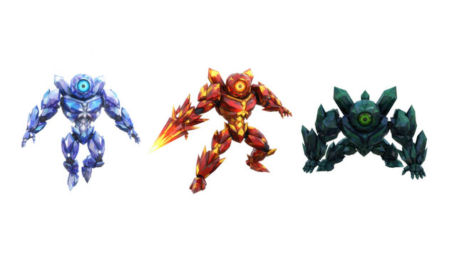 Three Elemental Crystal Golem Monsters with Glowing Eyes