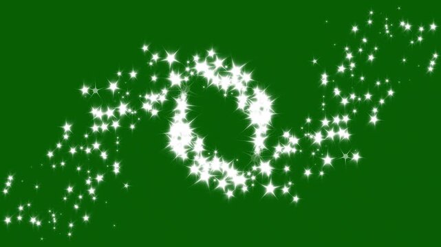 Twinkling star glitter line animation with glowing white particles, glowing 2D star sparkle animation, doodle cartoon twinkling stars with glitter burst effect on green background.4k video