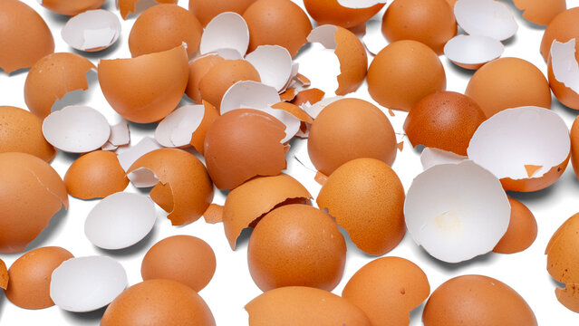 Full frame background of cracked brown chicken eggshell pieces scattered on white surface. Organic egg shell pattern texture for baking recipe and packaging.